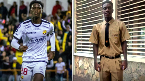 Allen Obando, con la camiseta de Barcelona y con el uniforme del Colegio Vicente Rocafuerte. 