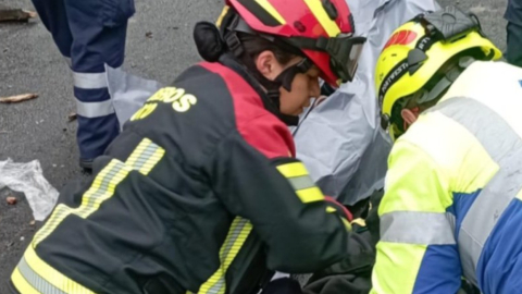 Bomberos de Quito asisten a uno de los afectados en el accidente en la vía Panamericana norte, el 24 de noviembre de 2023.