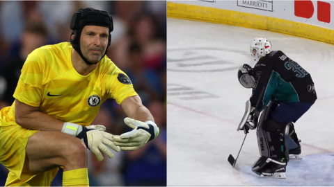 Petr Cech como arquero del Chelsea y en su debut en el hockey hielo.