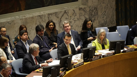 El presidente Daniel Noboa, previo a su intervención en el Consejo de Seguridad de la ONU, en Nueva York, el 7 de diciembre de 2023.