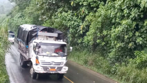 Un transporte de carga pesada por la vía Alóag-Santo Domingo. 