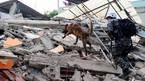 Un día después del terremoto del 16 de abril de 2016, rescatistas en Manta, provincia de Manabí, buscan entre los escombros a supervivientes. 