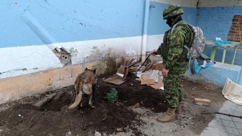 Un can adiestrado ayuda a un militar a descubrir armas enterradas en la cárcel de Chimborazo, el 28 de enero de 2024.