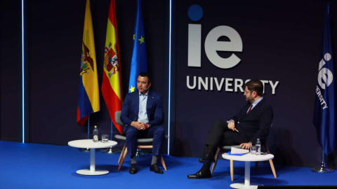 El presidente Daniel Noboa en una conferencia en España, 24 de enero de 2024.