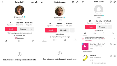 Perfiles de Taylor Swift, Olivia Rodrigo y Billie Eilish en Tiktok, el 1 de febrero de 2024.