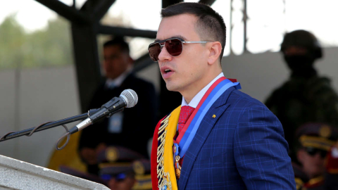 El presidente de la República, Daniel Noboa Azin, en la ceremonia de conmemoración por los 195 años de la Batalla de Tarqui. Quito, 27 de febrero de 2024