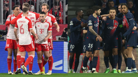 Jugadores del Bayer Múnich y el PSG celebrando su gol, 5 de marzo de 2024.