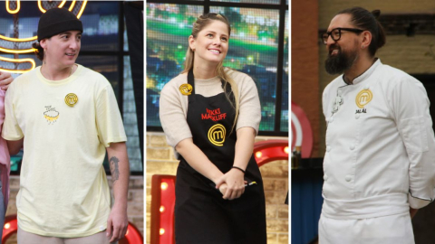 Anthonny Swagg (izq), Nikki Mackliff y Jalál DuBois, finalistas del reality MasterChef Celebrity Ecuador.