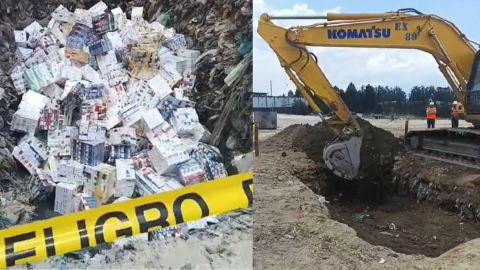 Cigarrillos de contrabando fueron destruidos en el relleno sanitario de Quito, el 6 de marzo de 2024.