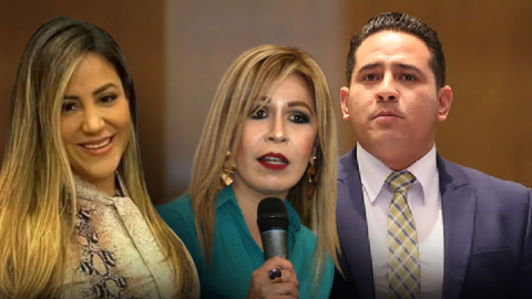 De izq. a der.: Mayra Salazar, exfuncionaria de la Corte del Guayas, Claudia Garzón, excomisionada de Pacificación Carcelaria, y Ronny Aleaga, exasambleísta.