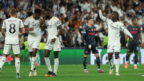 Eduardo Camavinga celebra su gol ante el Manchester City, por cuartos de final de Champions League, este 9 de abril de 2024.