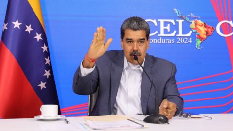 El presidente de Venezuela, Nicolás Maduro, durante la cumbre virtual de presidentes de la Celac, el 16 de abril de 2024.