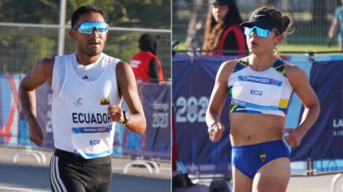 Daniel Pintado y Glenda Morejón, durante la maratón de relevos marcha en los Juegos Panamericanos de Chile, el 4 de noviembre de 2023.