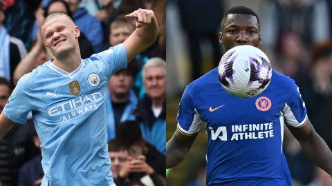 Los jugadores Erling Haaland del Manchester City y Moises Caicedo de Chelsea.