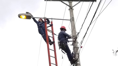 Trabajadores de Centrosur realizan mantenimientos del tendido eléctrico de Cuenca.