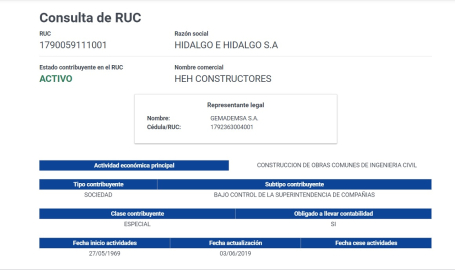 Hidalgo e Hidalgo es una de las accionistas de Puerto Limpio. La principal actividad económica de la empresa es la construcción de obra pública. 