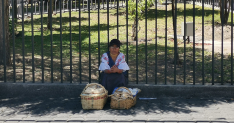 Una vendedora ambulante se refugia del sol en la Avenida Amazonas y calle Colón, en el centro norte de Quito.