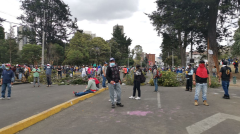 Manifestantes bloquean las vías con árboles cortados.