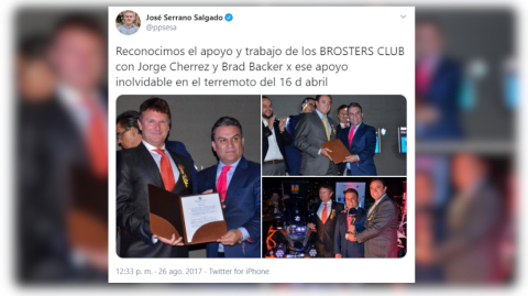 Tuit de José Serrano con Jorge Chérrez, el 26 de gosto de 2017. 