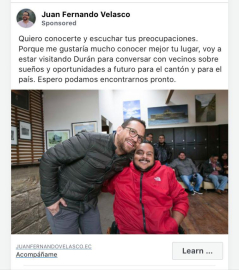 Propaganda de Juan Fernando Velasco que aparece en Facebook.