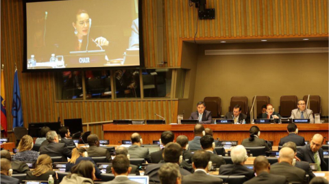 La canciller María Fernanda Espinosa ejerciendo la presidencia del G77, el 22 de septiembre de 2017.