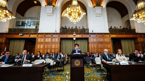 Audiencia de medidas cautelares por la crisis diplomática entre México y Ecuador, en la Corte Internacional de Justicia, el 1 de mayo de 2024.