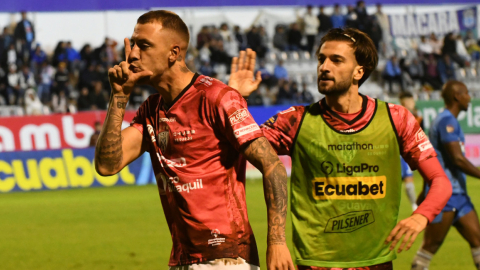 Renzo López, de Independiente del Valle, festeja su gol ante Macará el 25 de mayo de 2024, por la Fecha 14 de LigaPro.