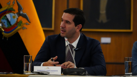 El ministro de Energía, Roberto Luque, ante la Comisión de Fiscalización, en la Asamblea, Quito, el 9 de mayo de 2024.