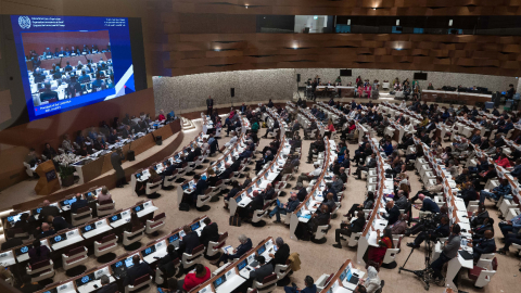 Delegados de gobiernos, empleadores y trabajadores asisten a reunión de la Organización Internacional de Trabajo (OIT) el 3 de junio de 2024.