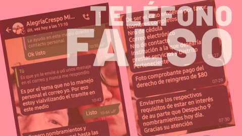 Capturas de pantalla de una cuenta falsa que ofrece nombramientos en el Ministerio de Educación.