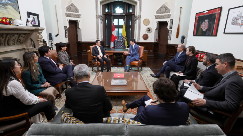 El presidente Daniel Noboa y el primer ministro de Canadá, Justin Trudeau, reunidos el 5 de marzo de 2024.