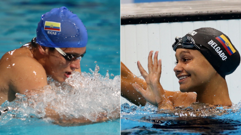 Los nadadores ecuatorianos Tomás Peribonio y Anicka Delgado en una competición.