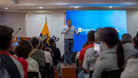 El alcalde de Samborondón, Juan Yúnez, en una asamblea el 28 de junio de 2024.