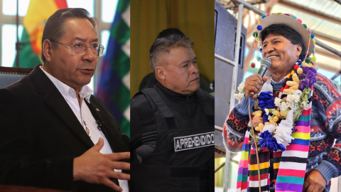 Collage del presidente de Bolivia, Luis Arce (izq.), el ex general Juan José Zúñiga (centro), y el expresidente boliviano, Evo Morales (der.(