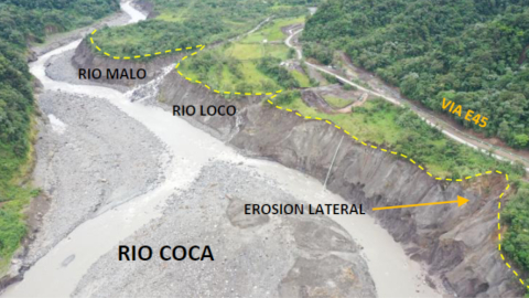 Avance lateral de la erosión del río Coca, el 9 de julio de 2024.