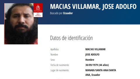 La ficha de José Adolfo Macías, alias 'Fito', fue publicada el 11 de julio por Interpol.