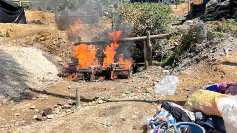 Campamento de minería ilegal destruido en Buenos Aires, provincia de Imbabura, este 12 de julio de 2024.