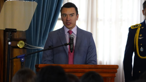 El Presidente Daniel Noboa durante la presentación del proyecto de digitalización de servicios consulares, el 11 de julio.