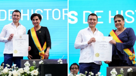 El presidente Daniel Noboa en la entrega de condecoraciones a las ministras Gabriela Sommerfeld y Mónica Palencia, el 25 de julio de 2024, en Guayaquil.