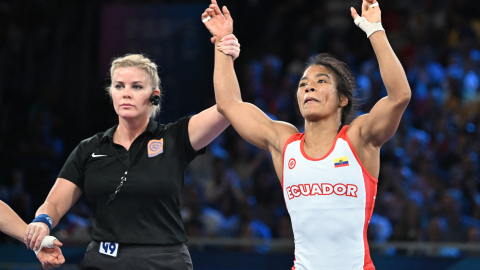 Lucía Yépez, tras su combate por semifinales de lucha en los Juegos Olímpicos de París, el 7 de agosto de 2024.