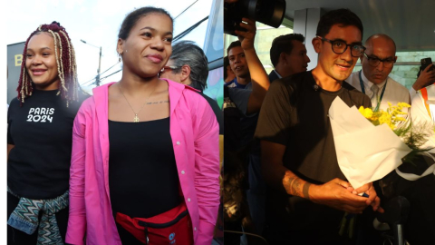 Neisi Dajomes, Angie Palacios y Daniel Pintado en su llegada a Ecuador, 12 de agosto de 2024.