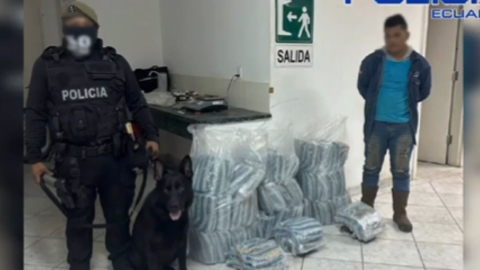 Un agente policial junto a un cargamento de droga decomisado en Ecuador en agosto de 2024.