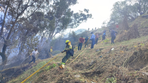 Vecinos ayudan a los bomberos a controlar el incendio forestal en El Pancillo, el 12 de septiembre de 2024.