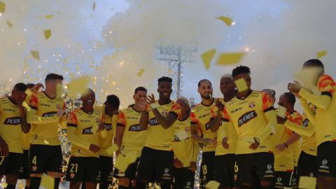 Barcelona SC, cuando presentó su plantilla para este 2024, en la Noche Amarilla celebrada en Quito, el 24 de febrero.