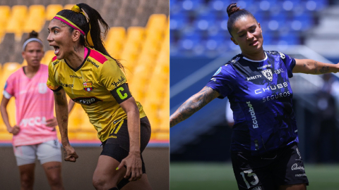 Madelen Riera, de Barcelona, y Karen Páez, de Dragonas IDV, celebran sus goles en durante las semifinales de la Superliga femenina 2024.