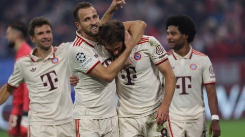 Los jugadores del Bayern Múnich festejan un gol ante Dinamo Zabreb en la Champions League, el 17 de septiembre de 2024.