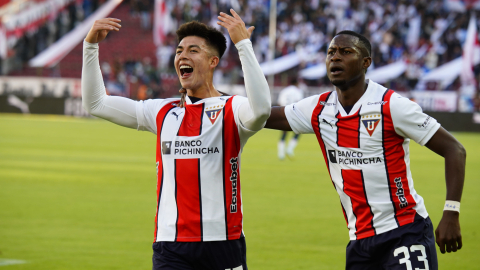 Gabriel Villamil festeja su gol en el partido de Liga de Quito ante El Nacional, el 21 de septiembre de 2024.