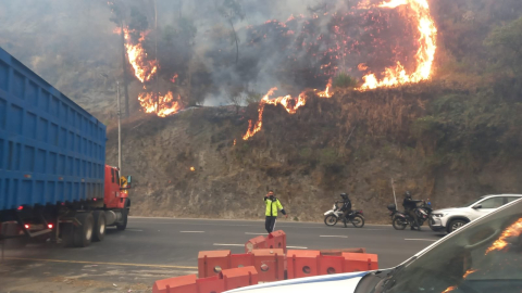 Personal de la AMT en la avenida Simón Bolívar, en Quito, el 24 de septiembre de 2024.