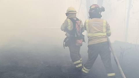 Dos bomberos trabajan para combatir el incendio forestal en Guápulo, este 24 de septiembre de 2024.