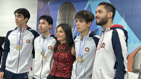 Pedro Aguinaga, José Delgado, Gabriela Prócel, Tomás Aguinaga y Richard Fariñas luego de la rueda de prensa del miércoles 25 de septiembre de 2024.